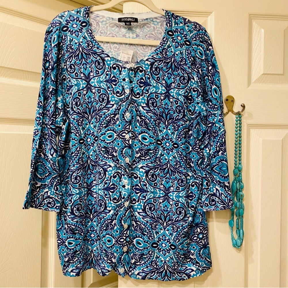 🎉Roz & Ali Teal and Black Patterned Cardigan NWT
